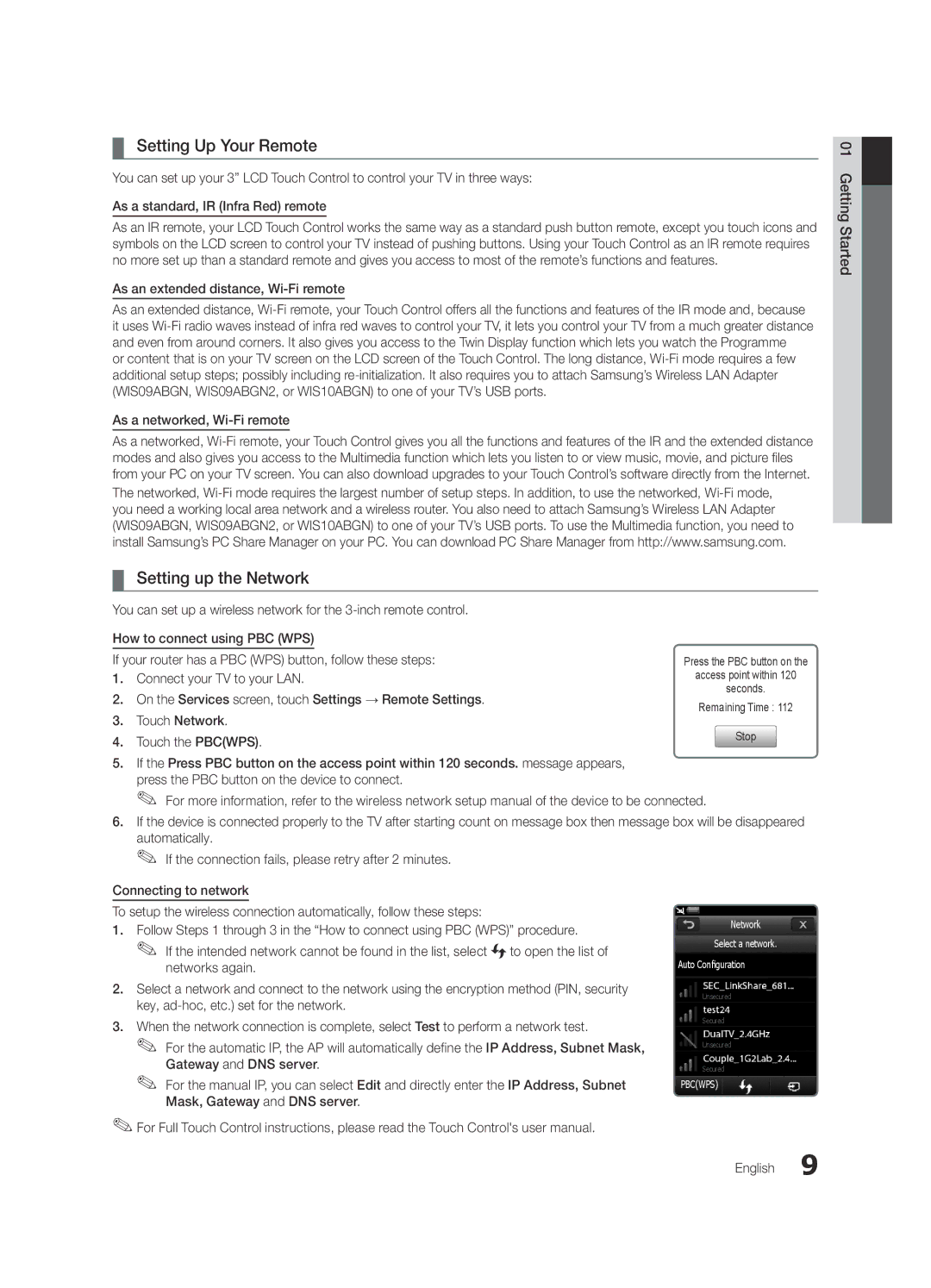 Samsung UE40C9000SWXXH manual Setting Up Your Remote, Setting up the Network, As an extended distance, Wi-Fi remote 