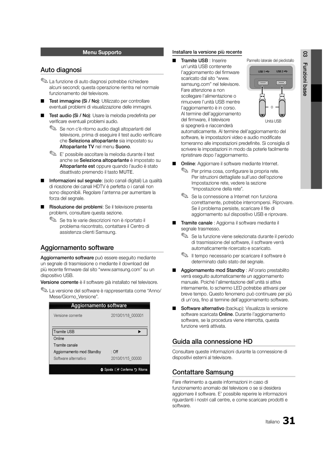 Samsung UE40C9000SWXZG manual Auto diagnosi, Aggiornamento software, Guida alla connessione HD, Contattare Samsung 