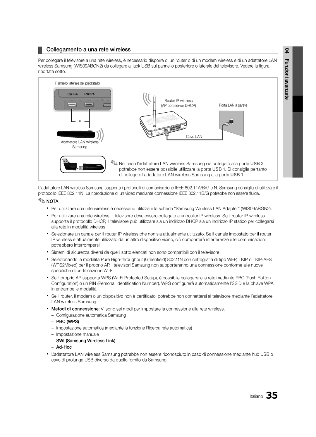 Samsung UE40C9000SWXXH, UE55C9000SPXZT, UE40C9000SPXZT Collegamento a una rete wireless, Pannello laterale del piedistallo 