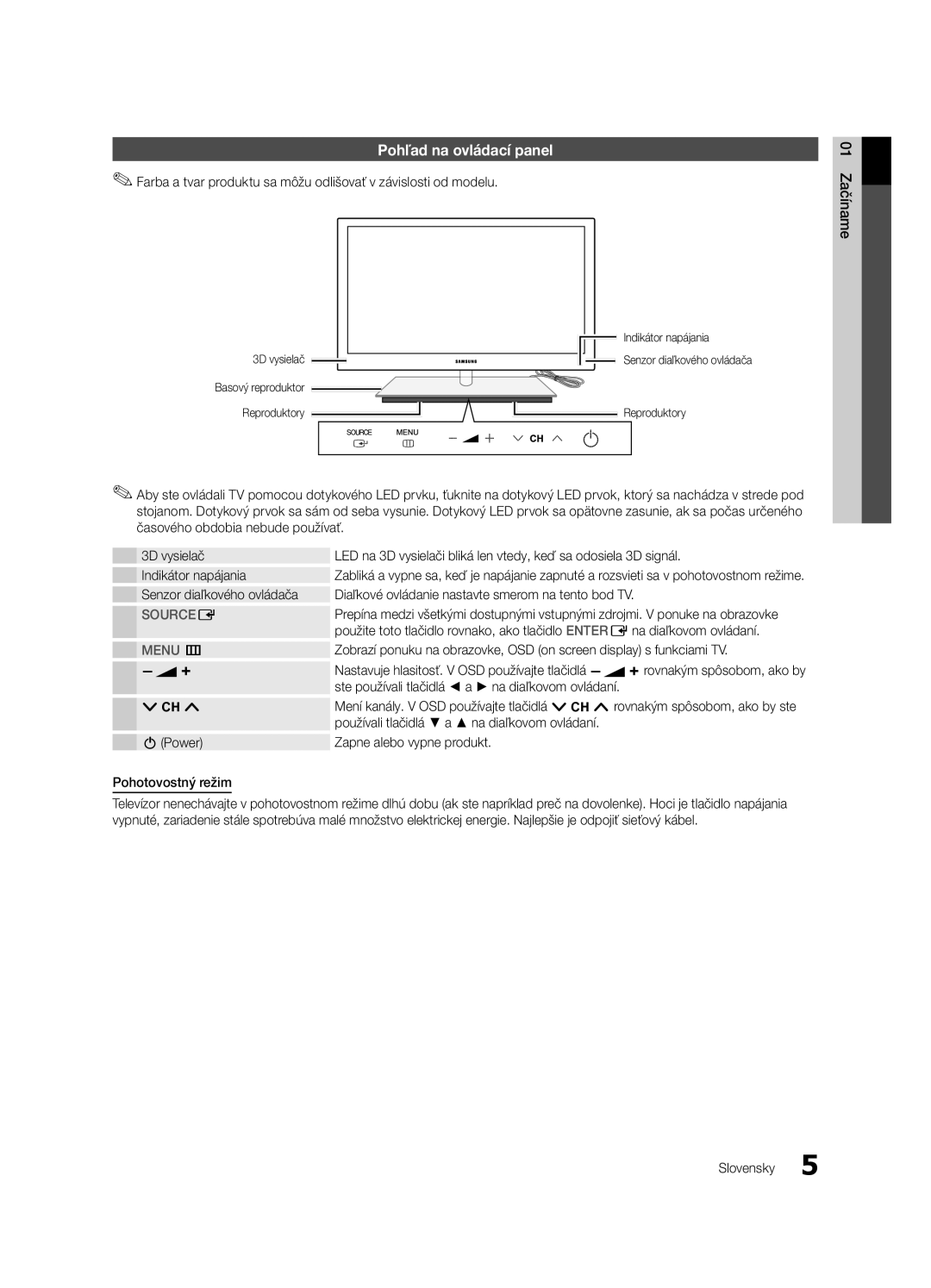 Samsung UE40C9000SWXXH Pohľad na ovládací panel, Ste používali tlačidlá a na diaľkovom ovládaní, 01 Začíname Slovensky 