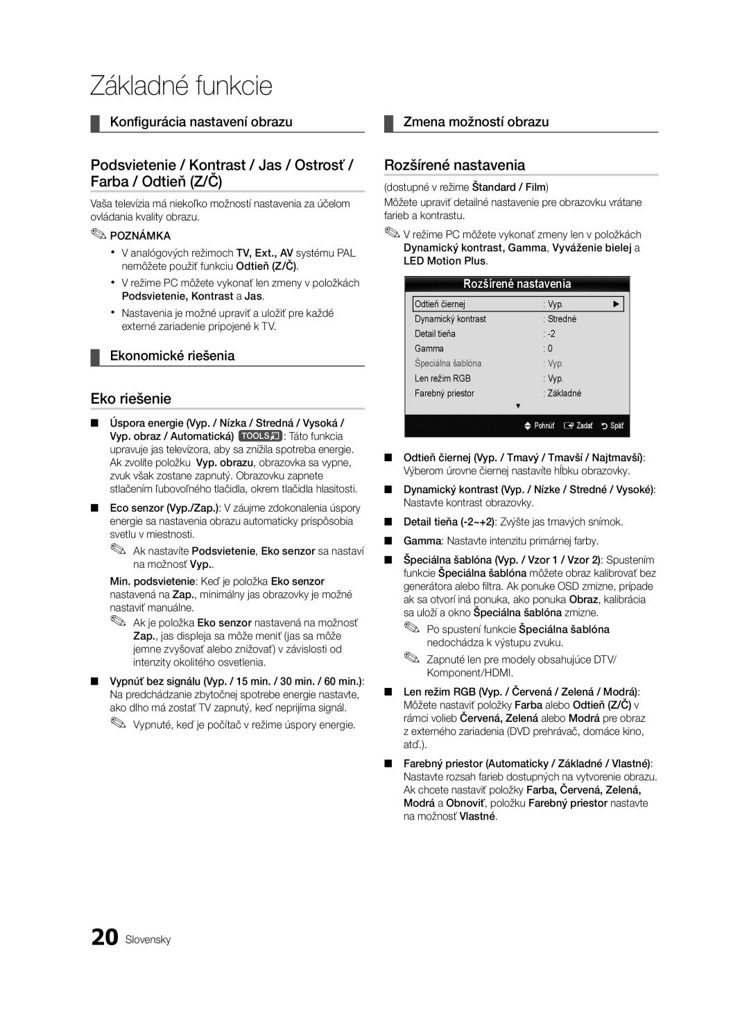 Samsung UE55C9000SWXXH, UE55C9000SWXXN, UE46C9000ZWXXC manual Eko riešenie, Rozšírené nastavenia, Ekonomické riešenia 