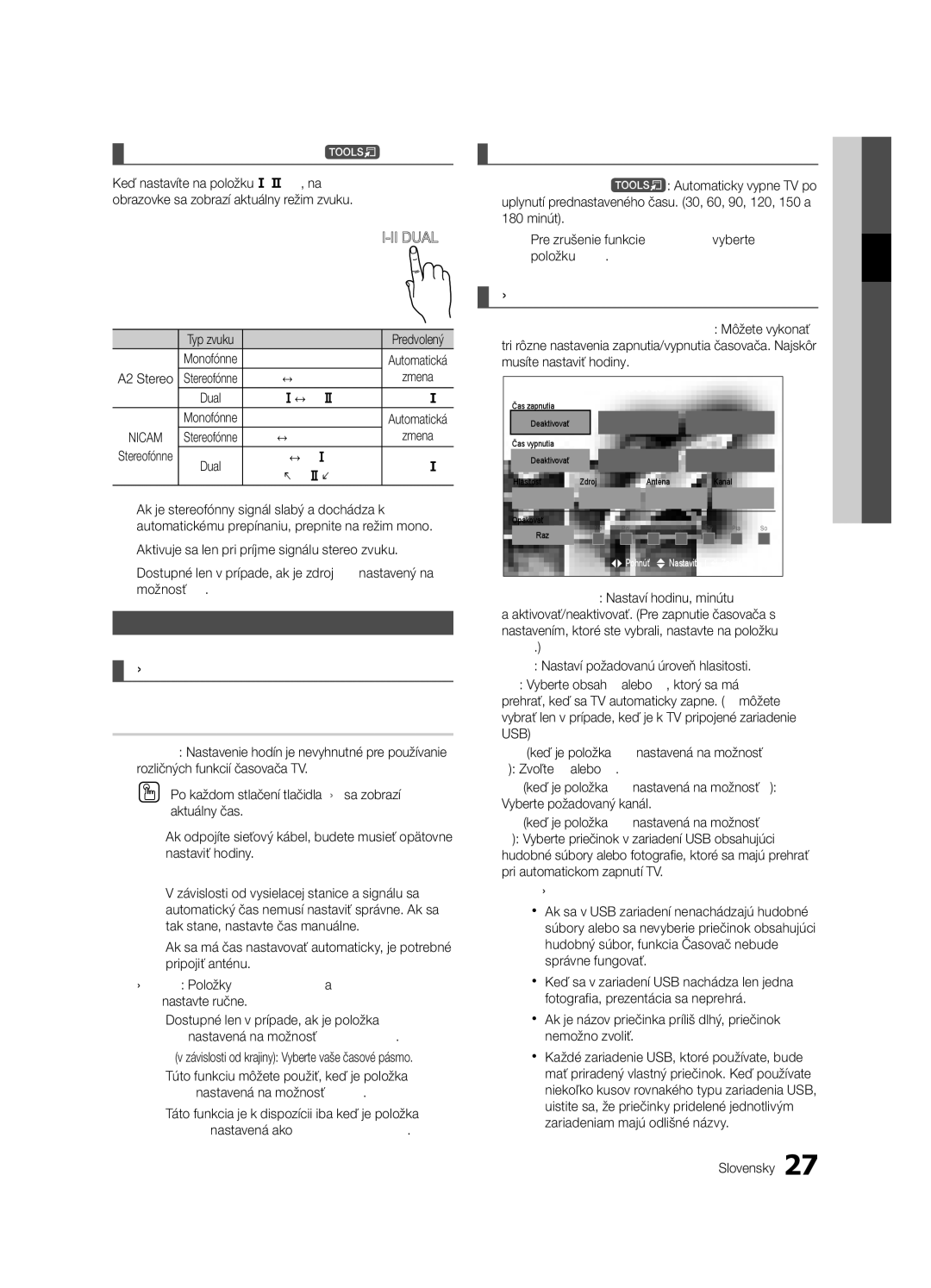 Samsung UE46C9000SWXXH manual Výber zvukového režimu t, Nastavenie času, Používanie časovača automatického vypnutia 