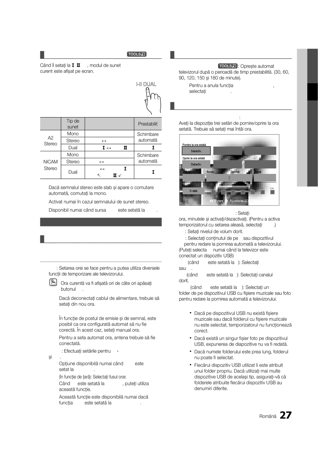 Samsung UE46C9000SWXXH Ora, Setarea orei, Setarea temporizatorului de pornire/oprire, Meniul Configurare, Temporizator 