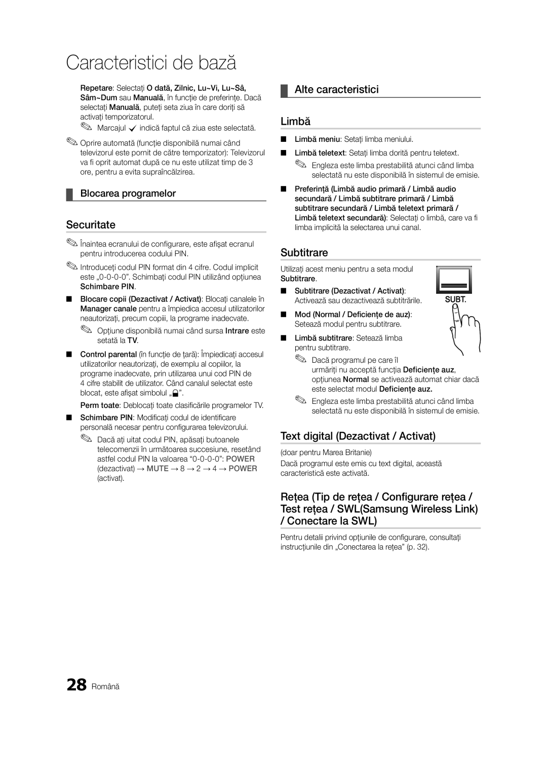 Samsung UE55C9000SWXXH manual Securitate, Alte caracteristici Limbă, Subtitrare, Text digital Dezactivat / Activat 