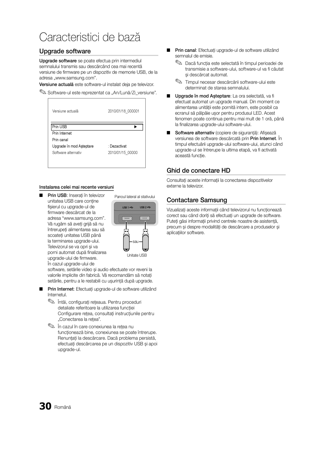 Samsung UE55C9000ZWXXH, UE55C9000SWXXN, UE46C9000ZWXXC manual Upgrade software, Ghid de conectare HD, Contactare Samsung 