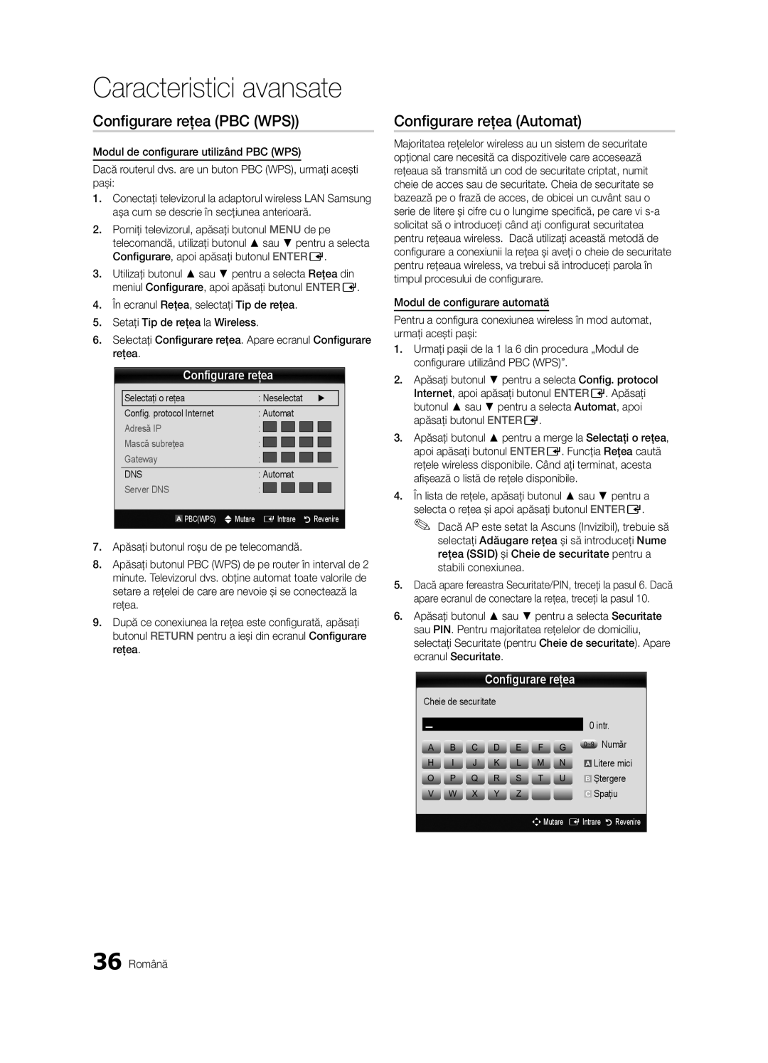 Samsung UE55C9000SWXXH, UE55C9000SWXXN Configurare reţea PBC WPS, 36 Română, Cheie de securitate Intr ~9 Număr Litere mici 