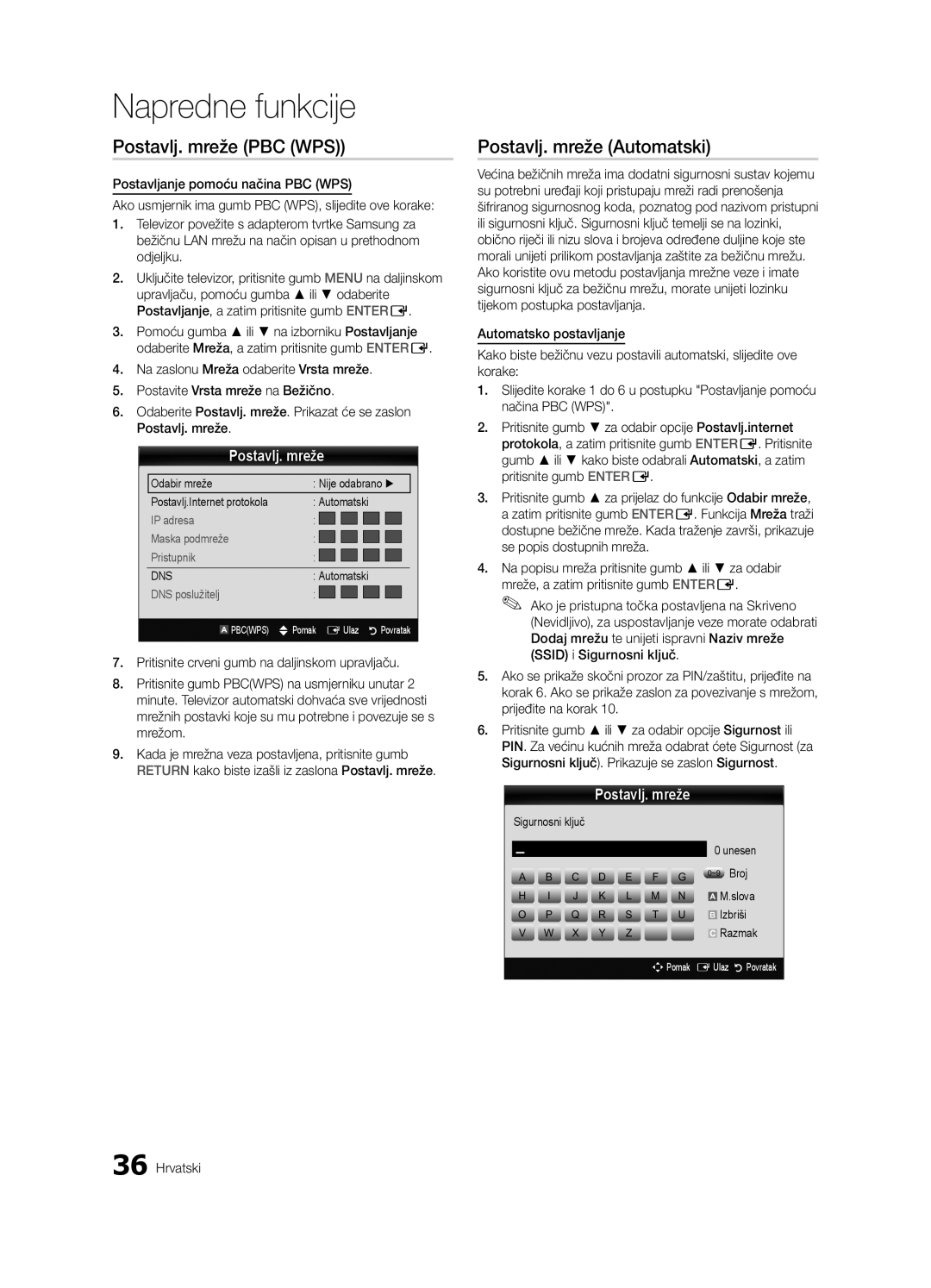 Samsung UE55C9000SWXXH, UE55C9000SWXXN, UE46C9000ZWXXC, UE55C9000SWXZF manual Postavlj. mreže PBC WPS, Sigurnosni ključ 