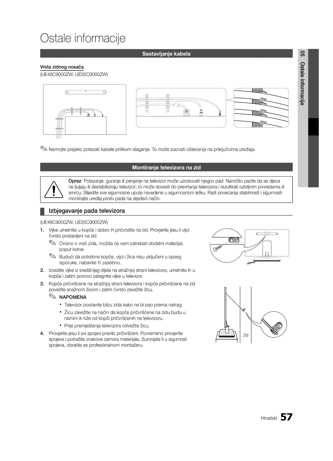 Samsung UE46C9000ZWXXC Ostale informacije, Izbjegavanje pada televizora, Sastavljanje kabela, Montiranje televizora na zid 