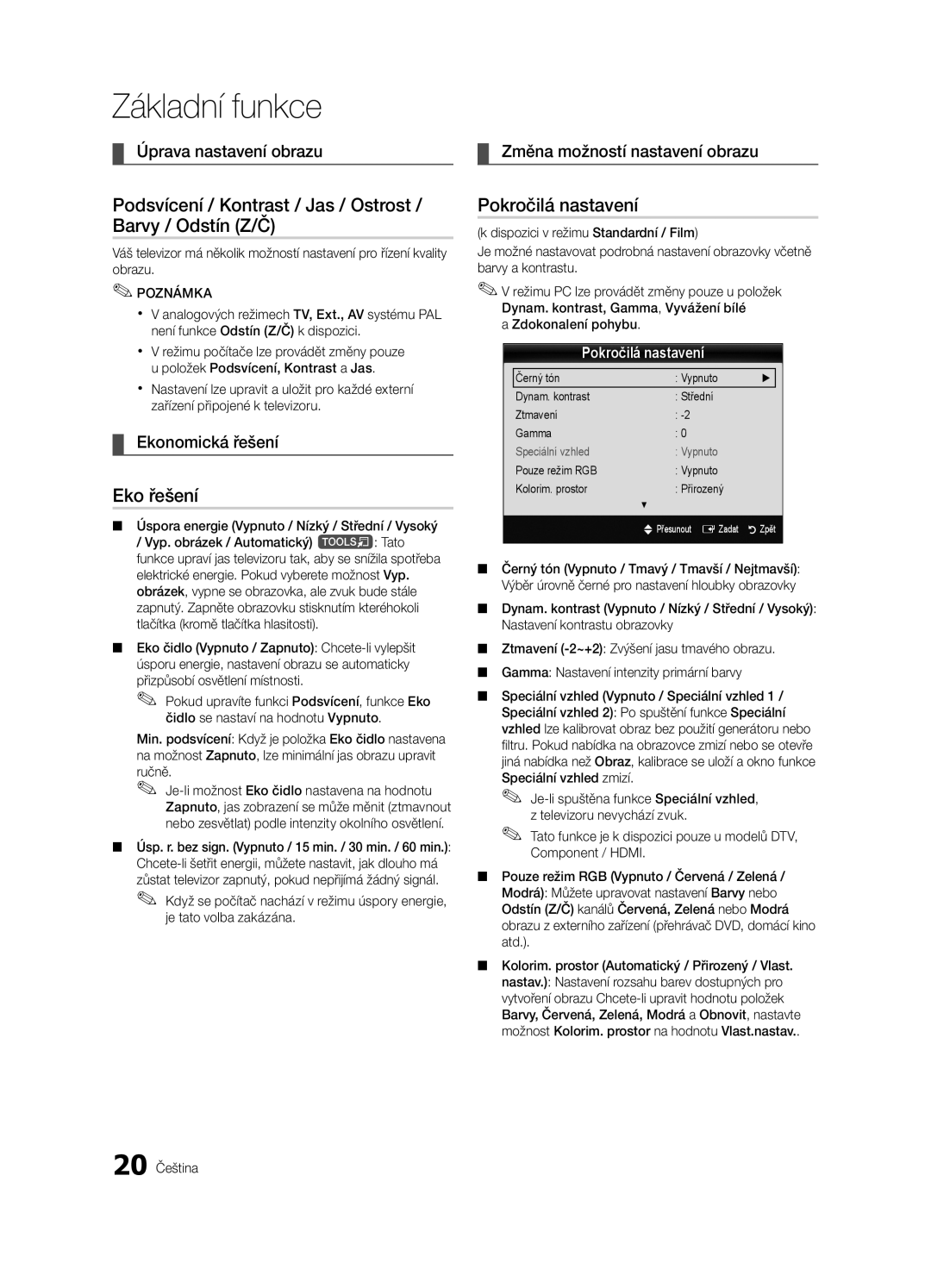 Samsung UE55C9000SWXXH manual Podsvícení / Kontrast / Jas / Ostrost / Barvy / Odstín Z/Č, Eko řešení, Pokročilá nastavení 