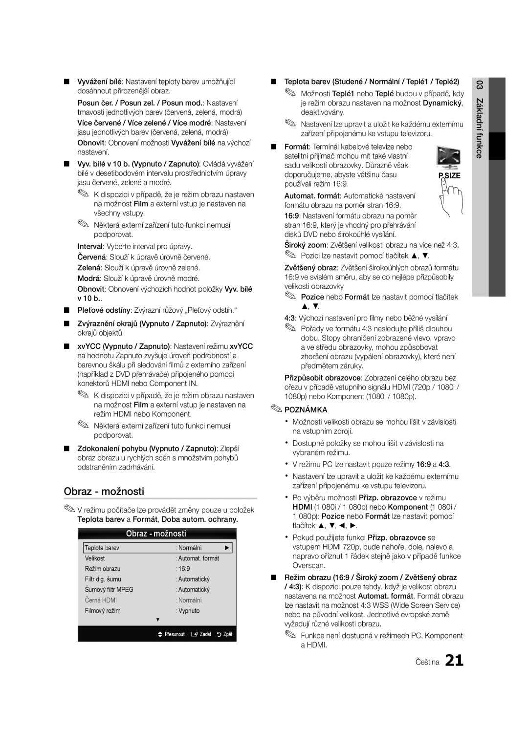 Samsung UE40C9000SWXXH, UE55C9000SWXXN manual Obraz možnosti, Používali režim, Šumový filtr Mpeg, Filmový režim Vypnuto 