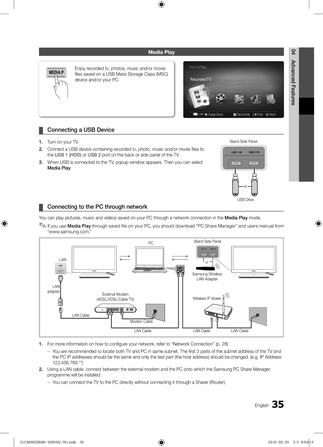 Samsung UE55C9000ZWXRU, UE55C9000ZWXBT manual Connecting a USB Device, Connecting to the PC through network, Media Play 