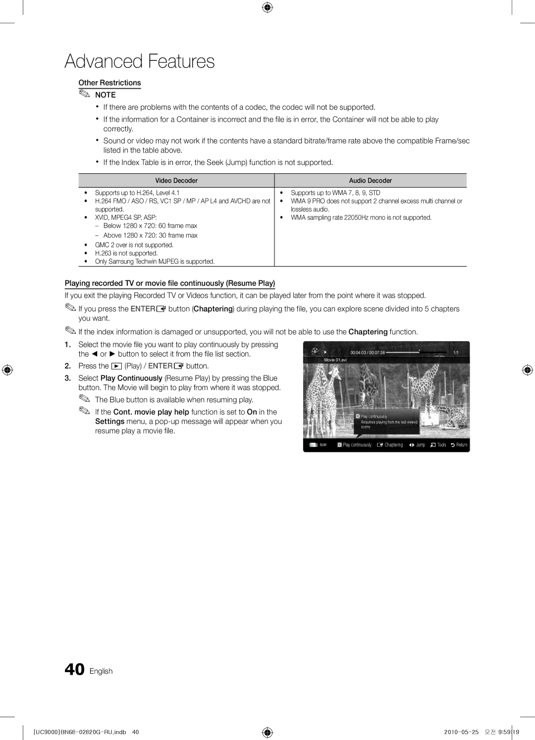 Samsung UE55C9000ZWXBT, UE55C9000SWXRU manual Supported Lossless audio, WMA sampling rate 22050Hz mono is not supported 