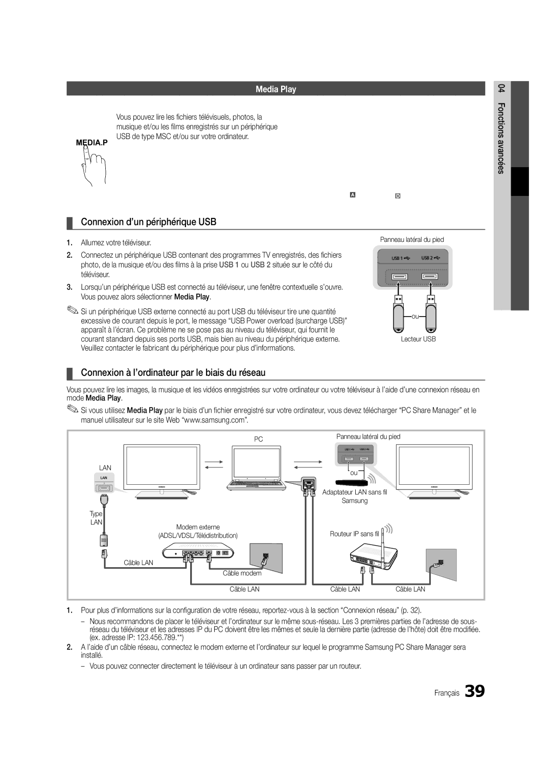 Samsung UE46C9000SWXZG, UE55C9000ZWXXC Connexion d’un périphérique USB, Connexion à l’ordinateur par le biais du réseau 