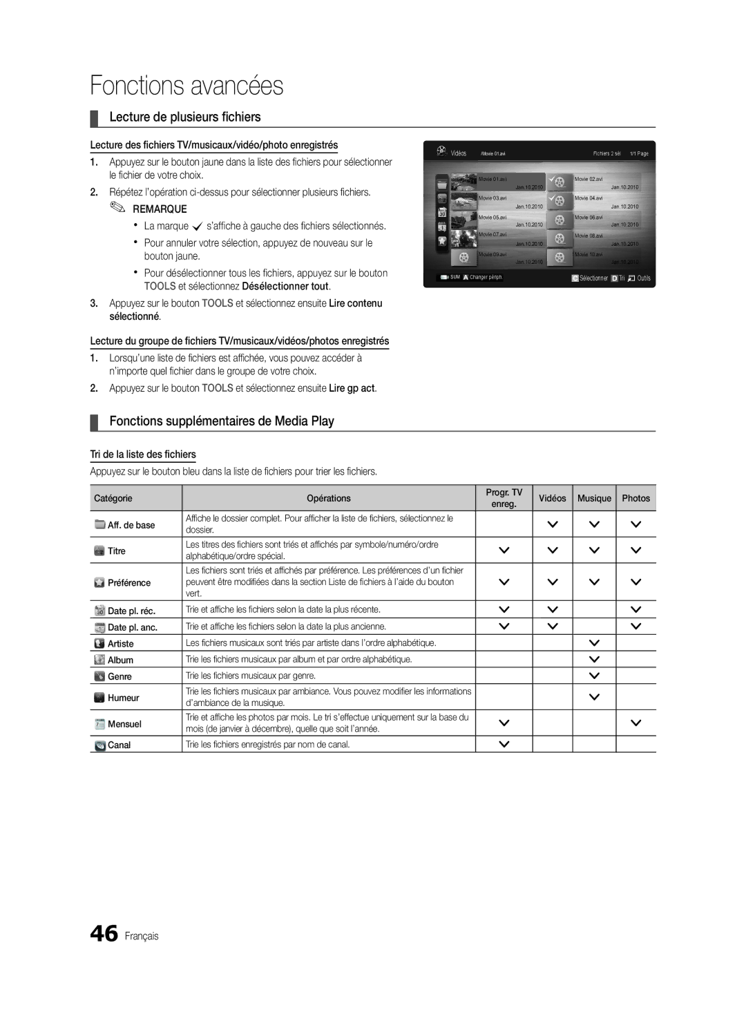 Samsung UE46C9000SWXXN, UE55C9000ZWXXC manual Lecture de plusieurs fichiers, Fonctions supplémentaires de Media Play 