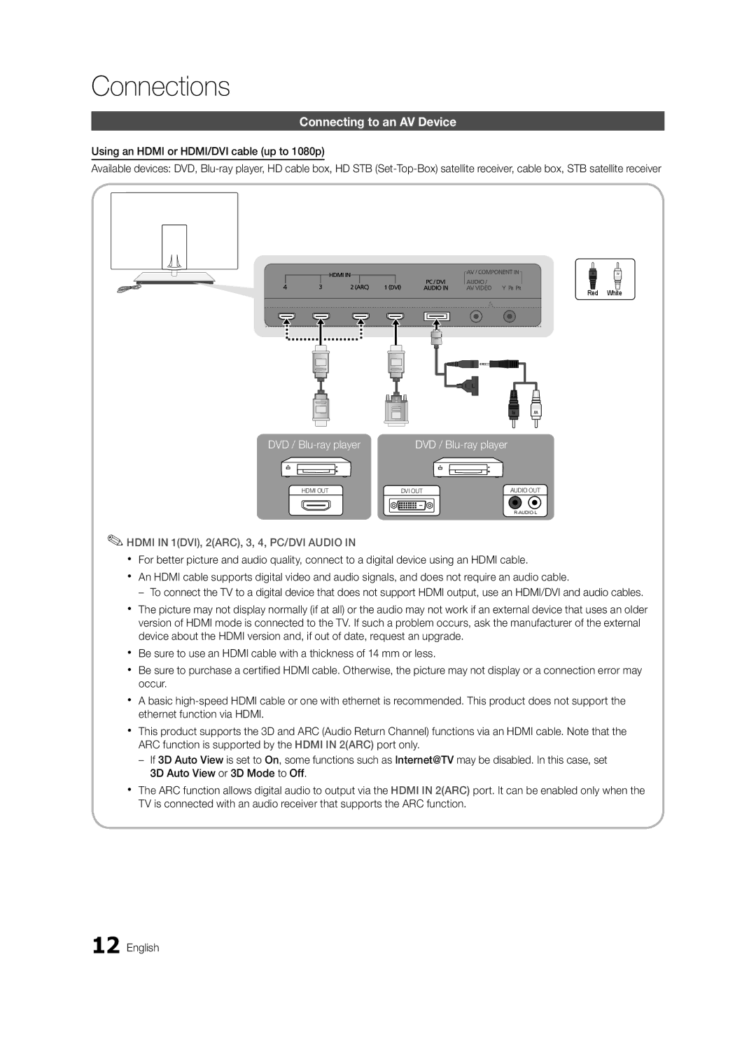 Samsung UE46C9000SWXXH manual Connections, Connecting to an AV Device, Using an Hdmi or HDMI/DVI cable up to 1080p 