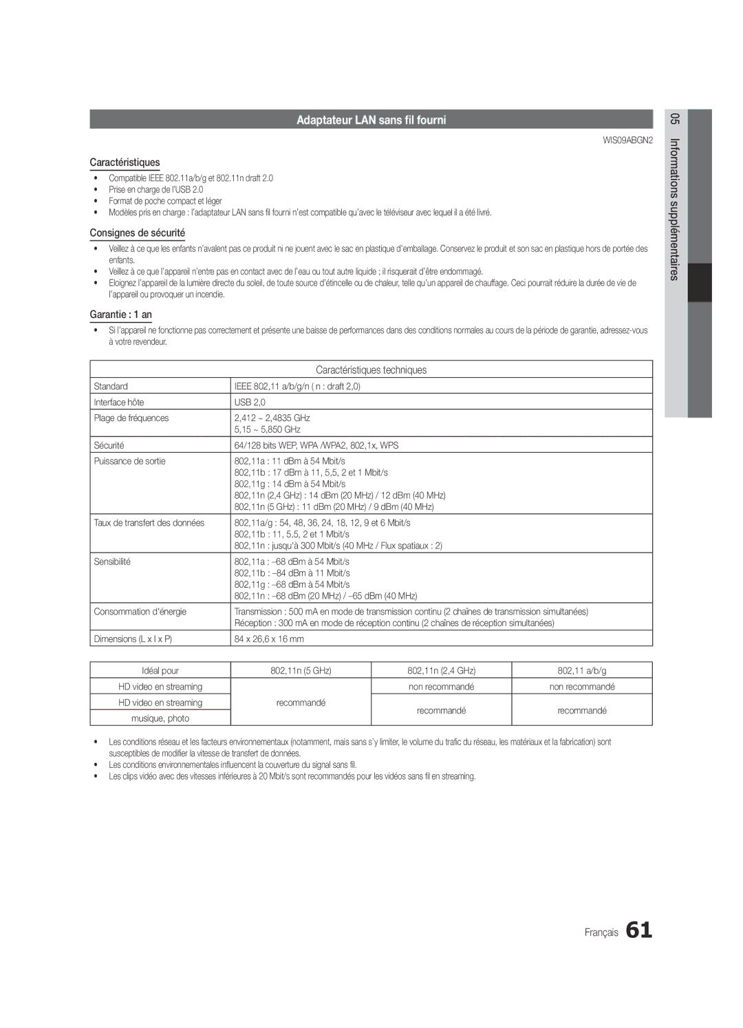 Samsung UE55C9000SWXZG manual Adaptateur LAN sans fil fourni, Caractéristiques, Consignes de sécurité, Garantie 1 an 