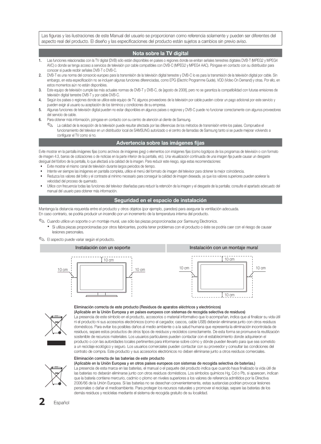 Samsung UE55C9000ZWXTK, UE55C9000ZWXXC manual Seguridad en el espacio de instalación, Instalación con un soporte, Español 