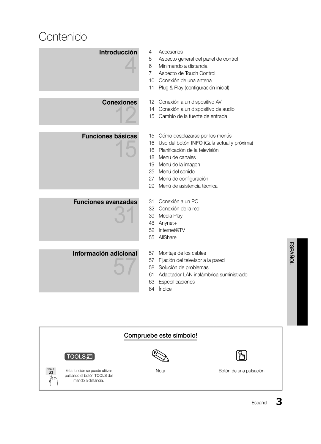 Samsung UE46C9000SWXXN, UE55C9000ZWXXC, UE46C9000ZWXXN manual Contenido, Compruebe este símbolo, Nota, Botón de una pulsación 