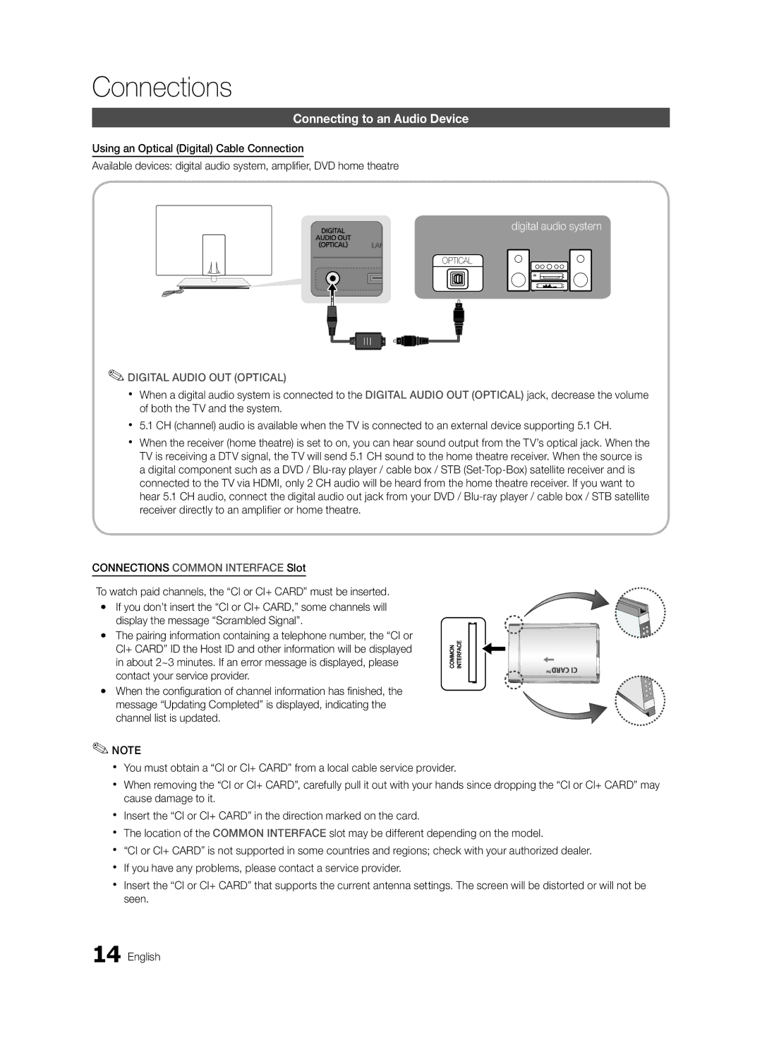 Samsung UE55C9000SWXXH, UE55C9000ZWXXC, UE46C9000ZWXXN manual Connecting to an Audio Device, Digital Audio OUT Optical 