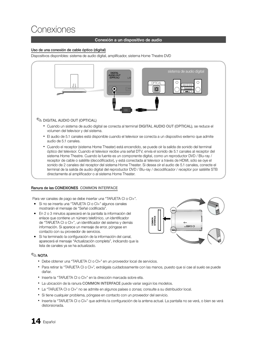 Samsung UE55C9000ZWXXH, UE55C9000ZWXXC, UE46C9000ZWXXN, UE55C9000SWXXN manual Conexión a un dispositivo de audio, Nota 