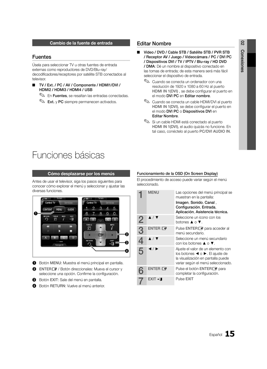 Samsung UE46C9000ZWXXH, UE55C9000ZWXXC manual Funciones básicas, Fuentes, Editar nombre, Cambio de la fuente de entrada 