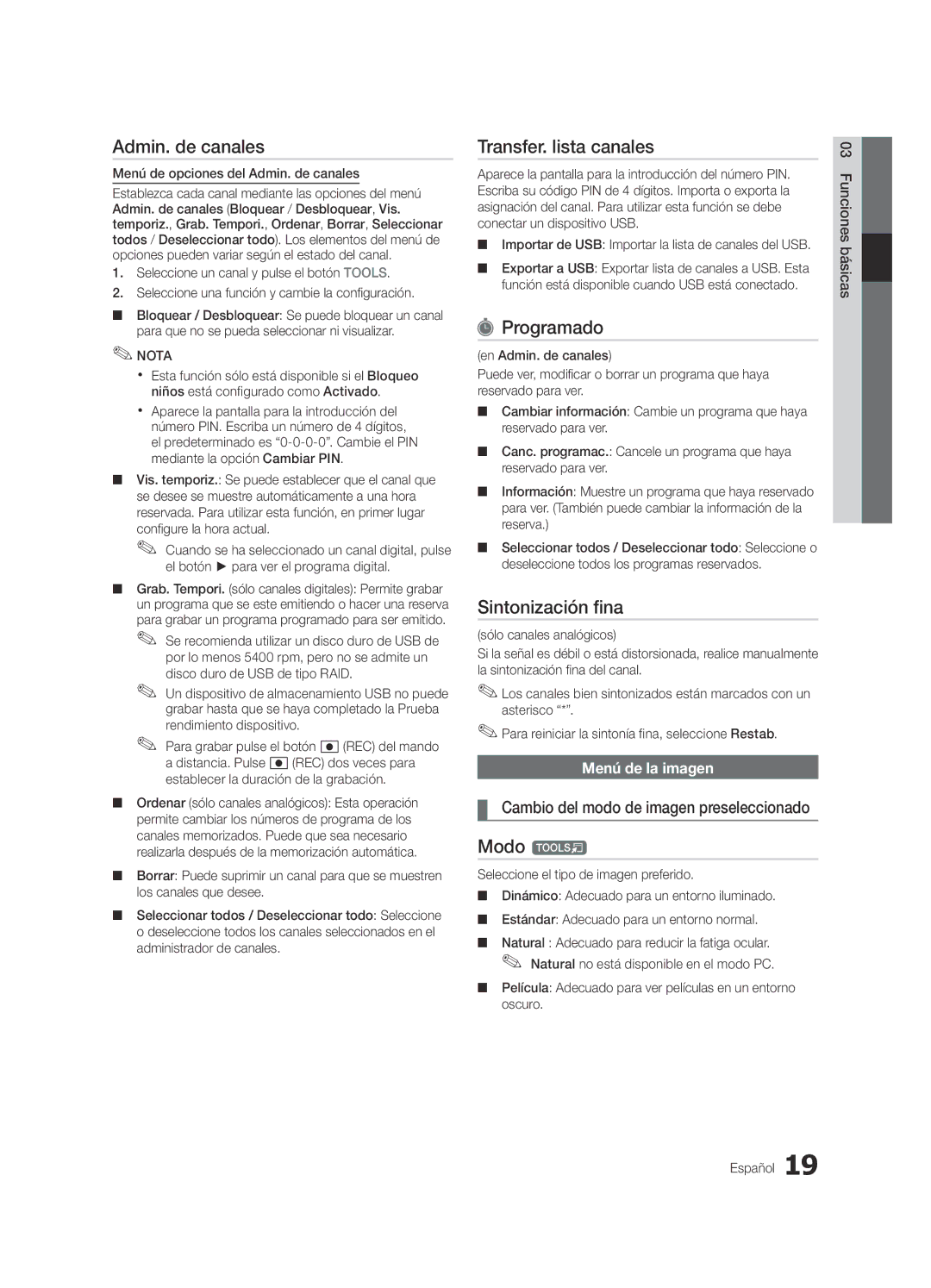 Samsung UE55C9000ZWXXC, UE46C9000ZWXXN, UE55C9000SWXXN manual Transfer. lista canales, Programado, Sintonización fina, Modo t 