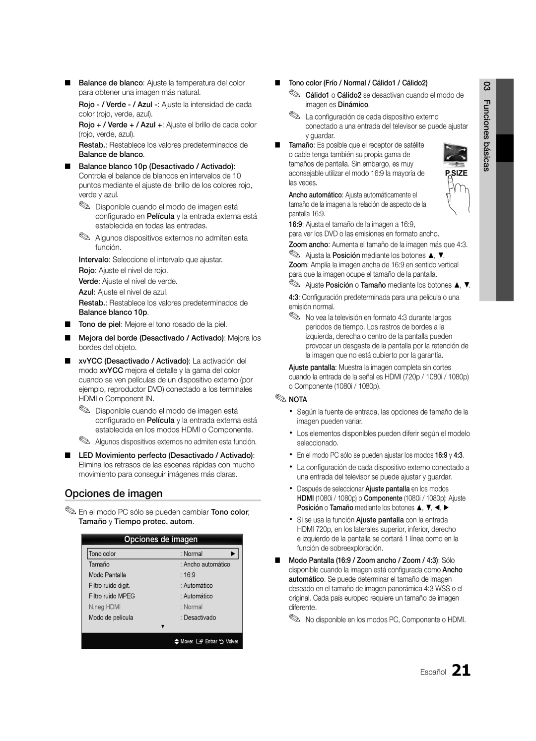 Samsung UE55C9000SWXXN, UE55C9000ZWXXC, UE46C9000ZWXXN, UE55C9000ZWXXN manual Opciones de imagen, Básicas03 Funciones Español 