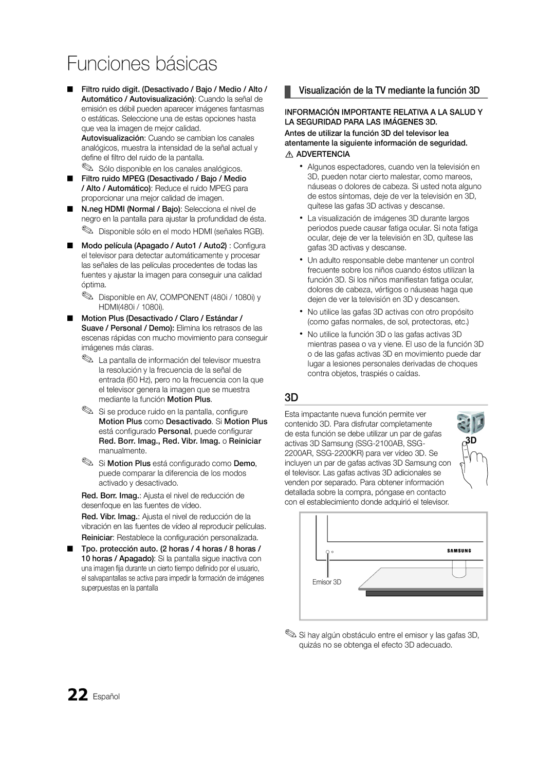 Samsung UE55C9000ZWXXN manual Visualización de la TV mediante la función 3D, Disponible sólo en el modo Hdmi señales RGB 