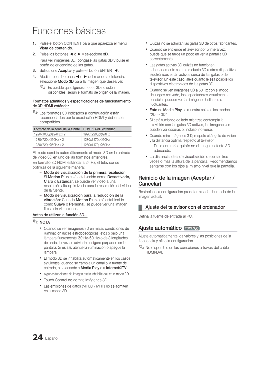 Samsung UE46C9000SWXXN Reinicio de la imagen Aceptar / Cancelar, Ajuste automático t, Defina la fuente de entrada al PC 