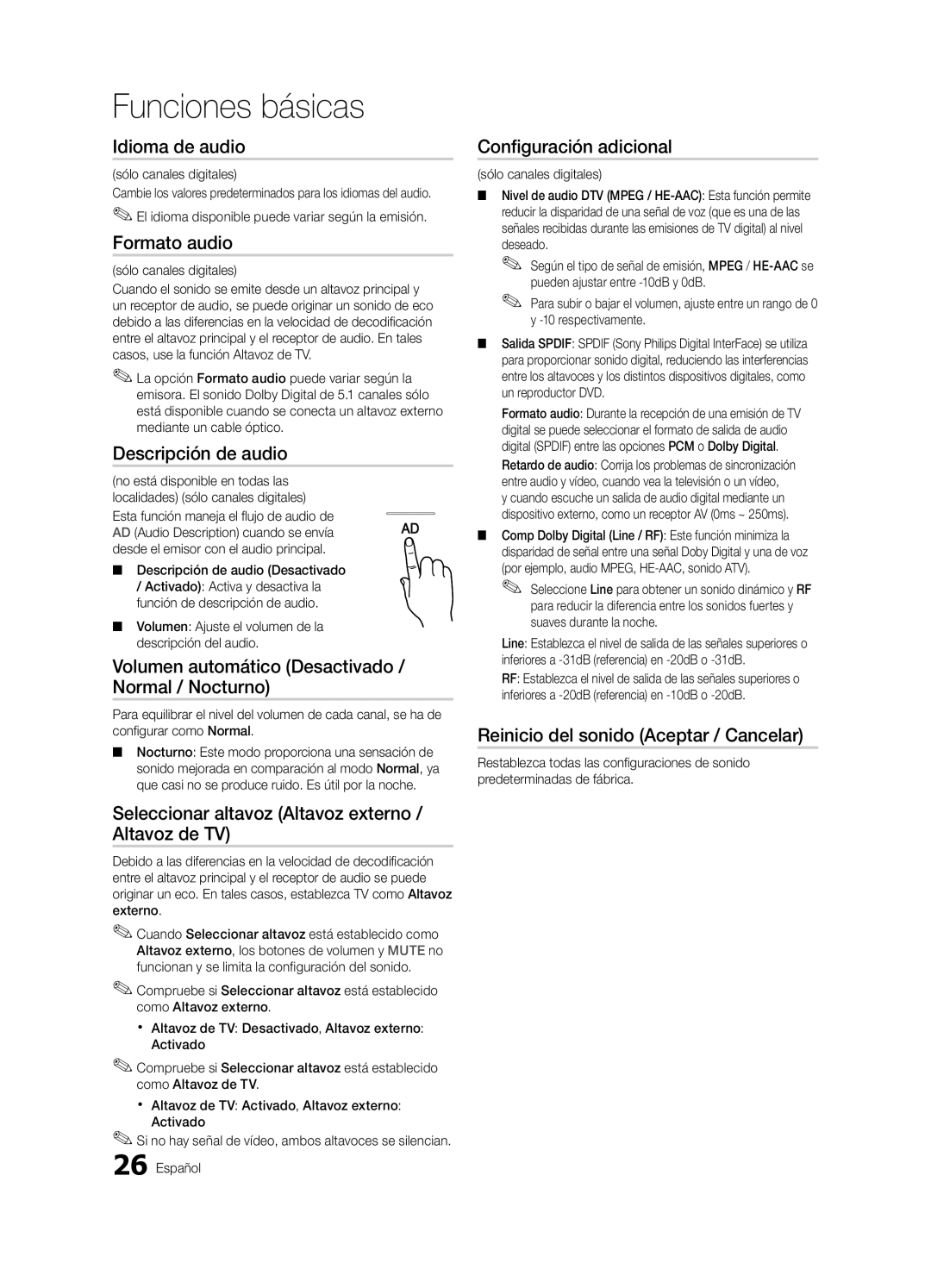 Samsung UE55C9000SWXZF, UE55C9000ZWXXC manual Idioma de audio, Formato audio, Descripción de audio, Configuración adicional 