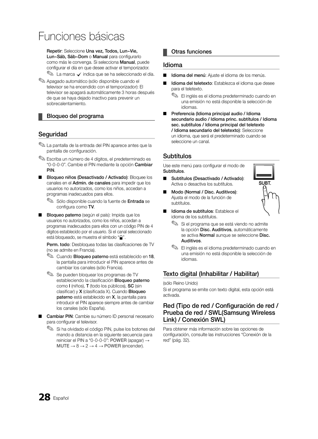 Samsung UE46C9000ZWXZF manual Seguridad, Idioma, Subtítulos, Texto digital Inhabilitar / Habilitar, Bloqueo del programa 