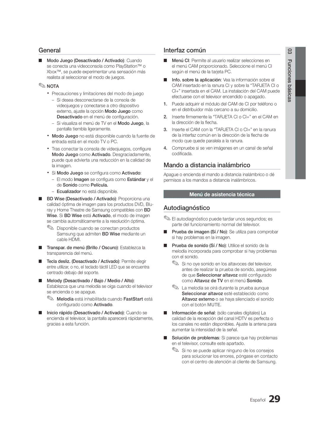 Samsung UE55C9000ZWXZF manual Interfaz común, Mando a distancia inalámbrico, Autodiagnóstico, Menú de asistencia técnica 