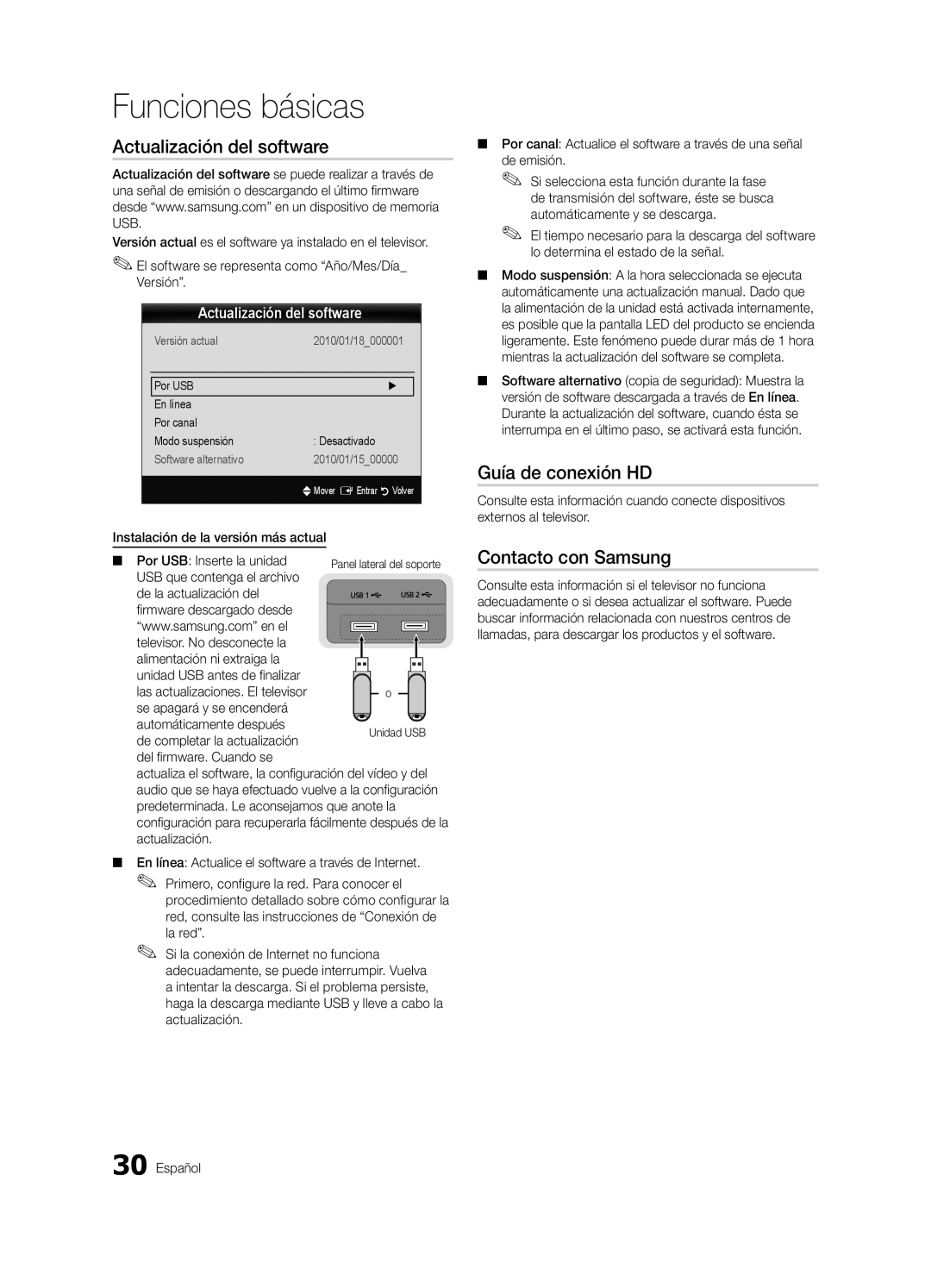 Samsung UE46C9000SWXXC, UE55C9000ZWXXC manual Actualización del software, Guía de conexión HD, Contacto con Samsung 