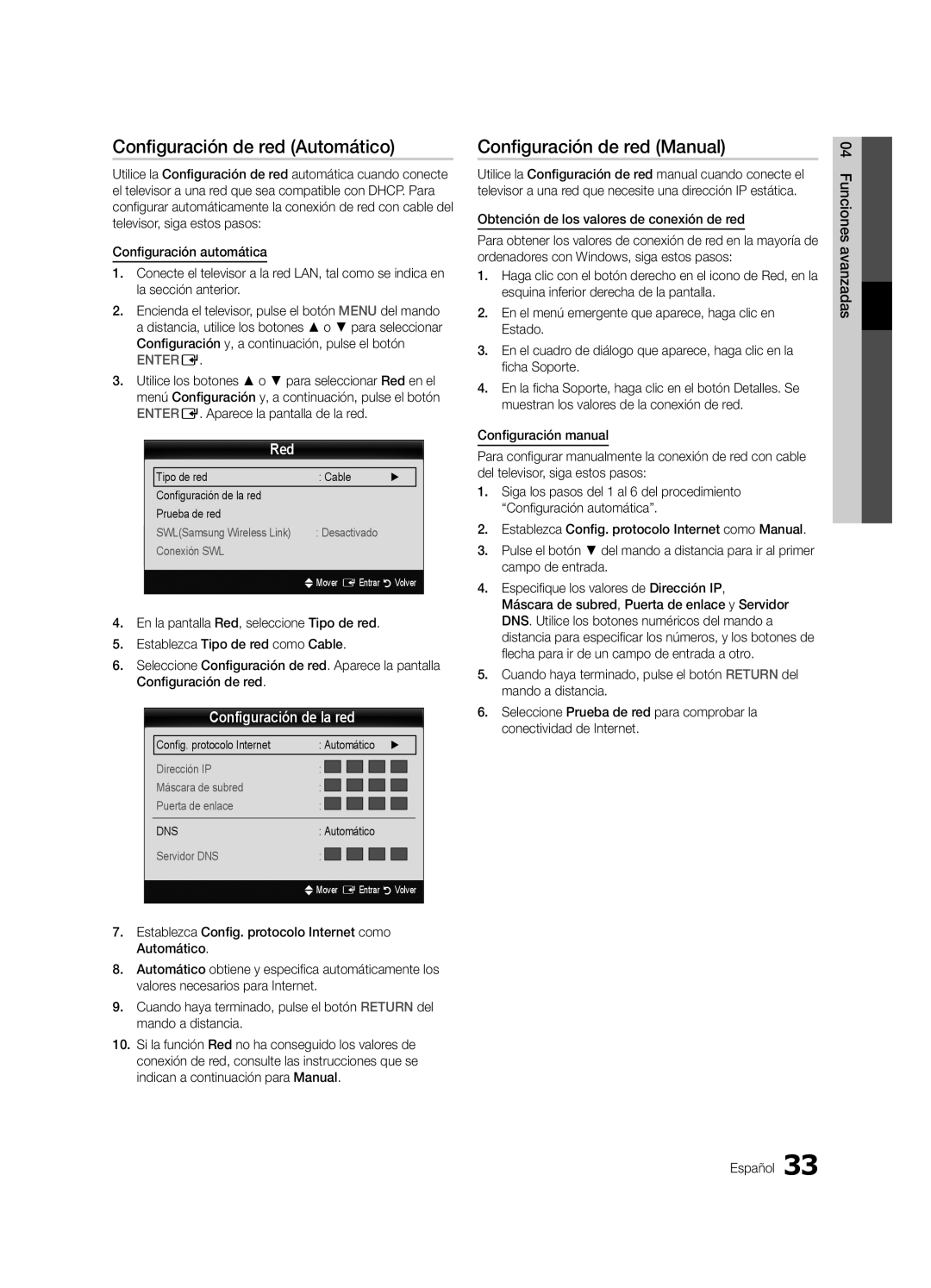 Samsung UE55C9000SWXXH manual Configuración de red Automático, Configuración de red Manual, Red, Configuración de la red 