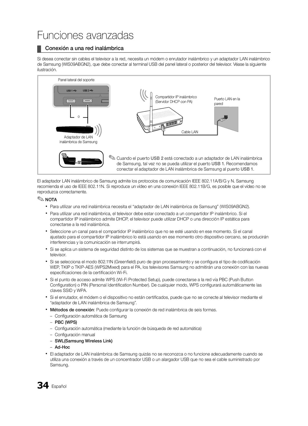 Samsung UE40C9000SWXXH manual Conexión a una red inalámbrica, Panel lateral del soporte Compartidor IP inalámbrico, Pared 