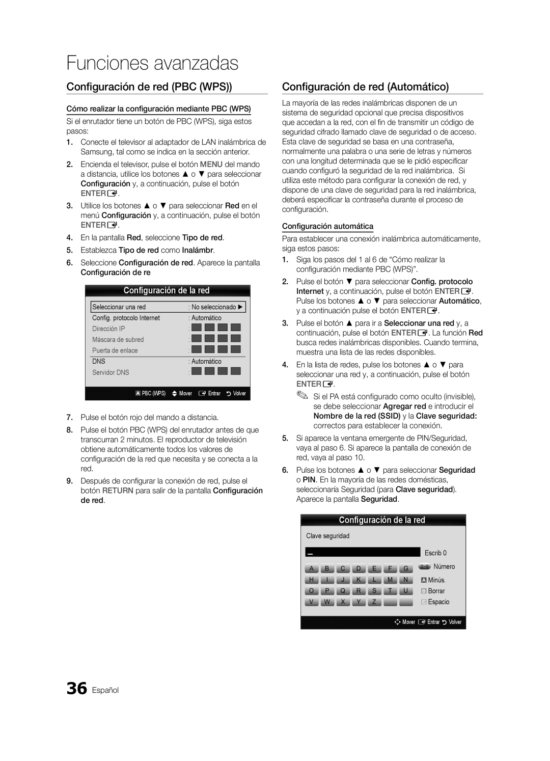 Samsung UE46C9000ZWXXH, UE55C9000ZWXXC manual Configuración de red PBC WPS, Clave seguridad Escrib ~9 Número, Borrar 