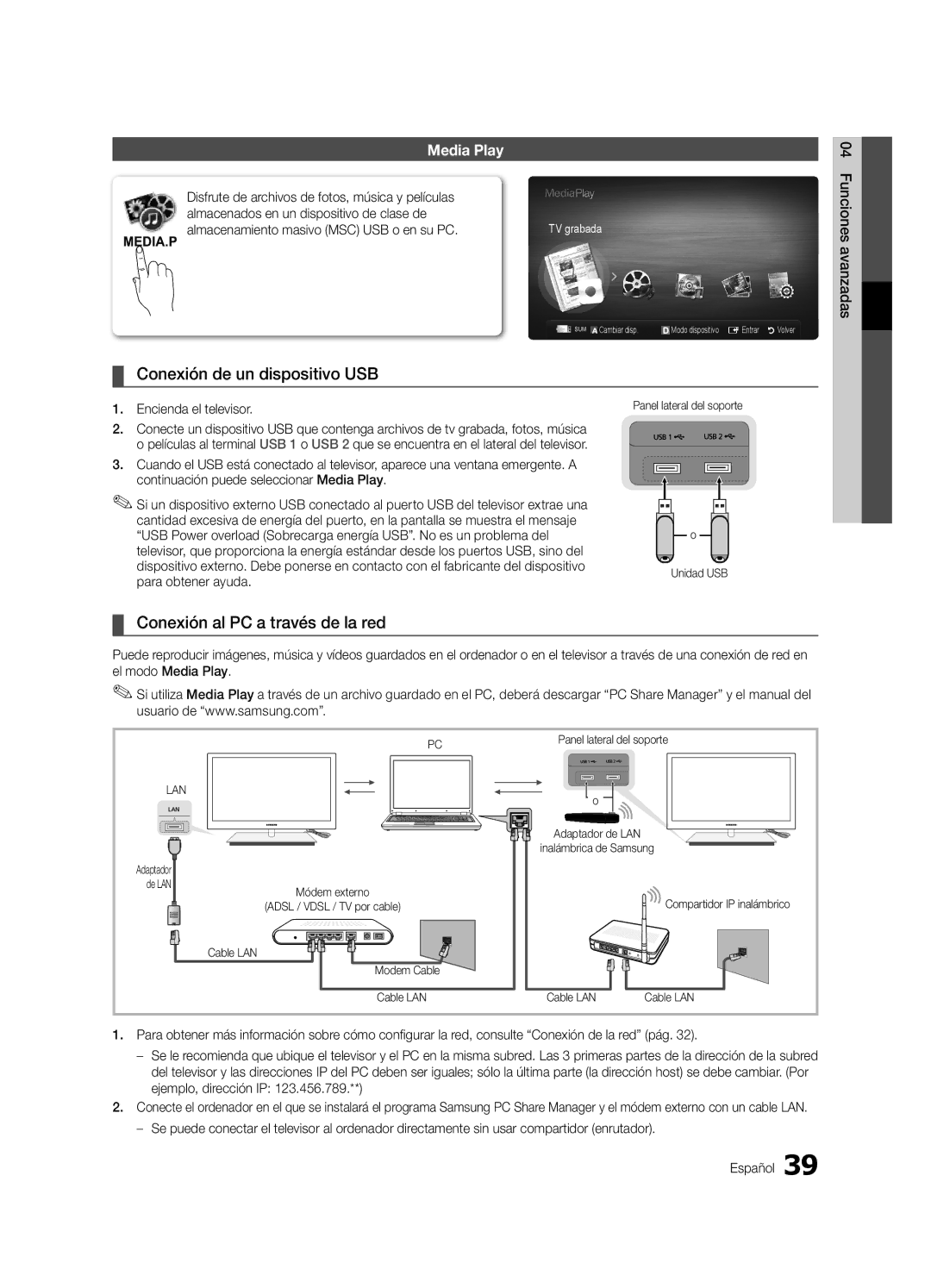 Samsung UE55C9000SWXZG, UE55C9000ZWXXC, UE46C9000ZWXXN Conexión de un dispositivo USB, Conexión al PC a través de la red 