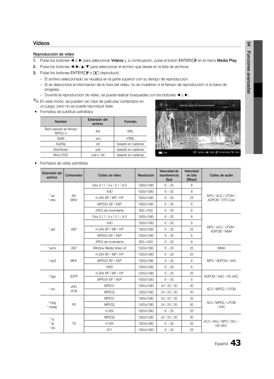 Samsung UE55C9000ZWXXN manual Vídeos, Reproducción de vídeo, Yy Formatos de vídeo admitidos, Nombre Extensión del Formato 