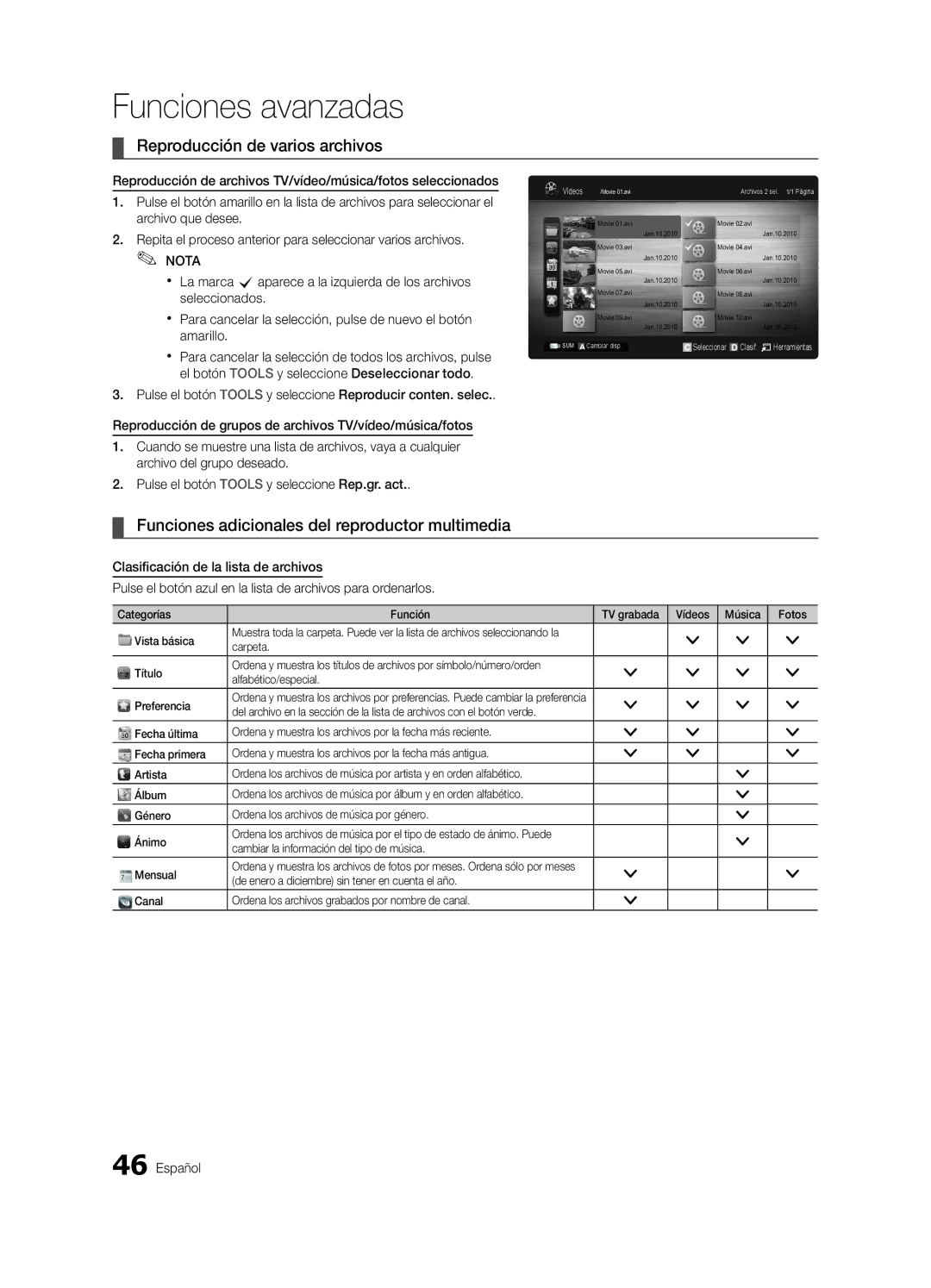 Samsung UE46C9000ZWXXC, UE55C9000ZWXXC Reproducción de varios archivos, Funciones adicionales del reproductor multimedia 