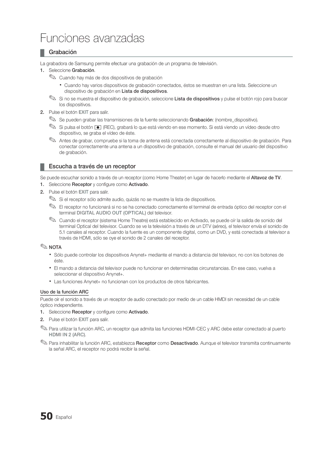 Samsung UE55C9000ZWXZF, UE55C9000ZWXXC, UE46C9000ZWXXN, UE55C9000SWXXN manual Grabación, Escucha a través de un receptor 