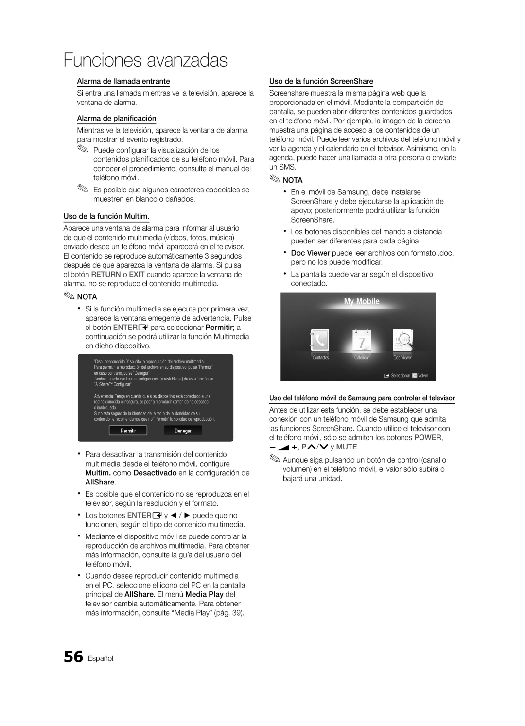 Samsung UE55C9000ZWXXH, UE55C9000ZWXXC, UE46C9000ZWXXN manual Uso de la función Multim, Uso de la función ScreenShare 