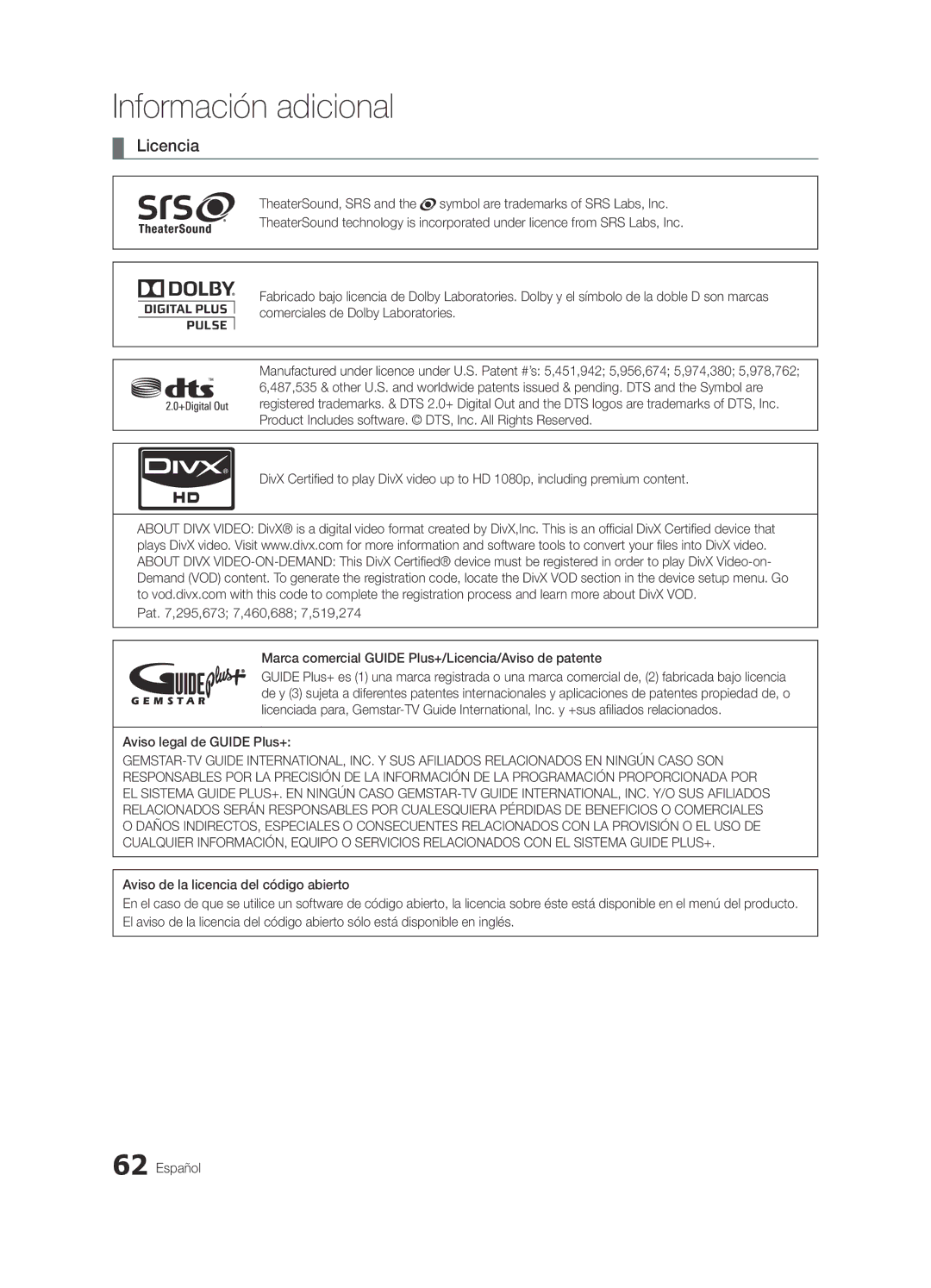 Samsung UE46C9000ZWXXN, UE55C9000ZWXXC, UE55C9000SWXXN, UE55C9000ZWXXN, UE55C9000ZWXTK Licencia, Aviso legal de Guide Plus+ 