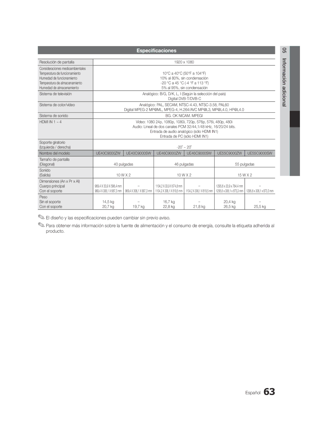 Samsung UE55C9000SWXXN, UE55C9000ZWXXC, UE46C9000ZWXXN, UE55C9000ZWXXN, UE55C9000ZWXTK, UE46C9000SWXXN manual Especificaciones 