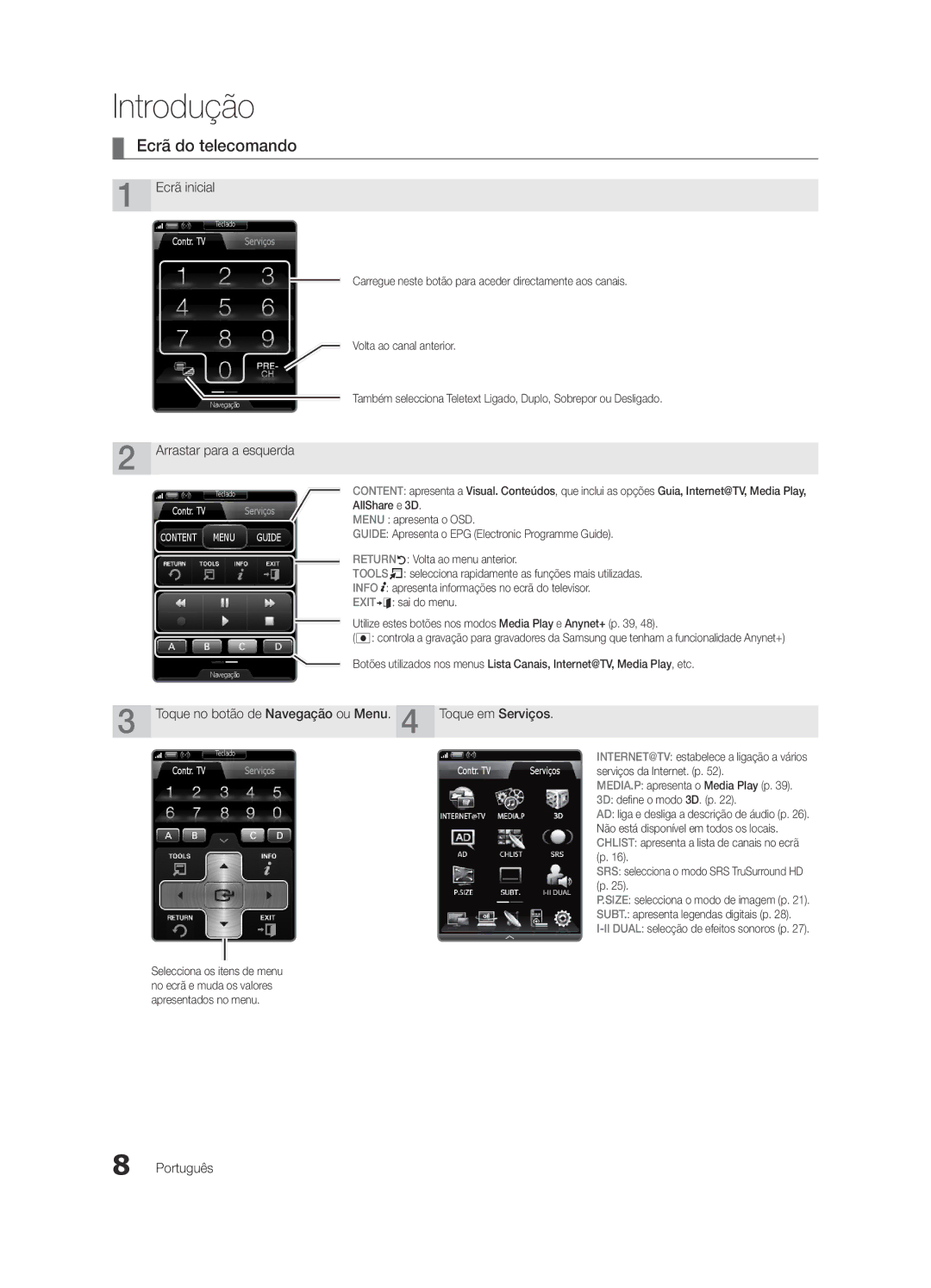 Samsung UE46C9000SWXXC manual Ecrã do telecomando, Ecrã inicial, Carregue neste botão para aceder directamente aos canais 