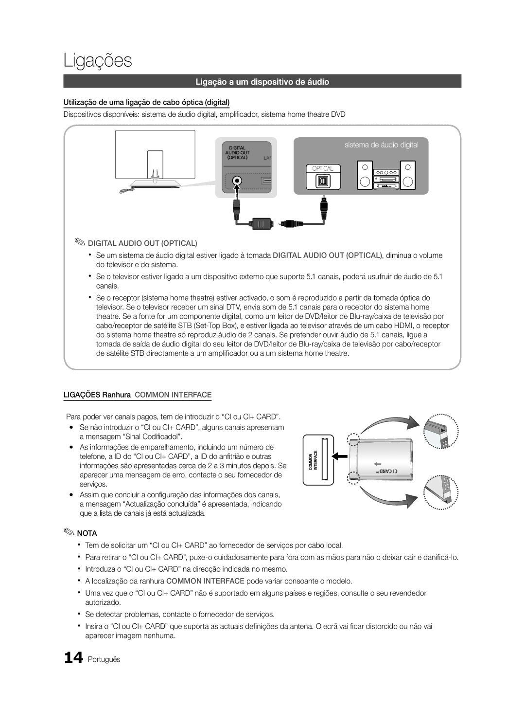 Samsung UE46C9000ZWXXH, UE55C9000ZWXXC, UE46C9000ZWXXN, UE55C9000SWXXN, UE55C9000ZWXXN manual Ligação a um dispositivo de áudio 