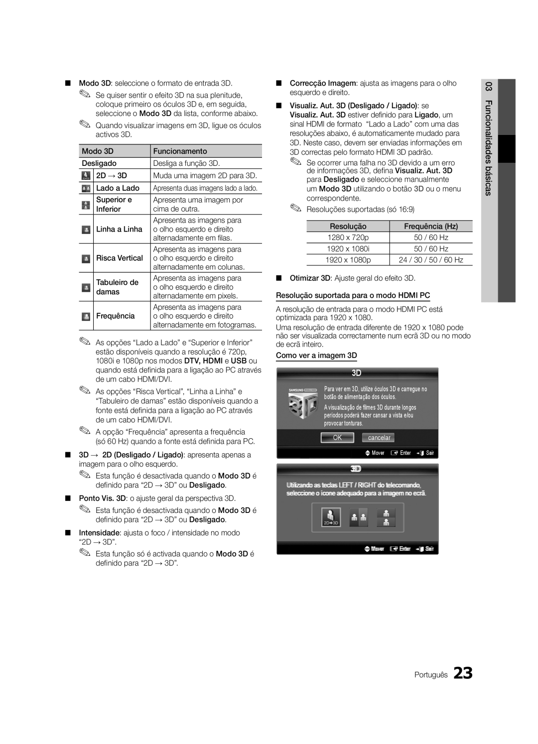 Samsung UE46C9000SWXXN manual Modo 3D seleccione o formato de entrada 3D, Básicas 03 Funcionalidades Português, OK cancelar 