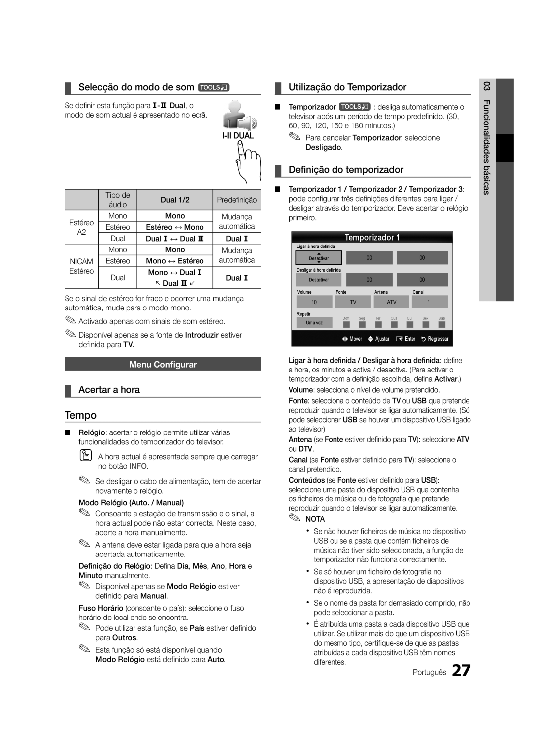 Samsung UE46C9000ZWXZF, UE55C9000ZWXXC manual Selecção do modo de som t, Acertar a hora, Utilização do Temporizador 