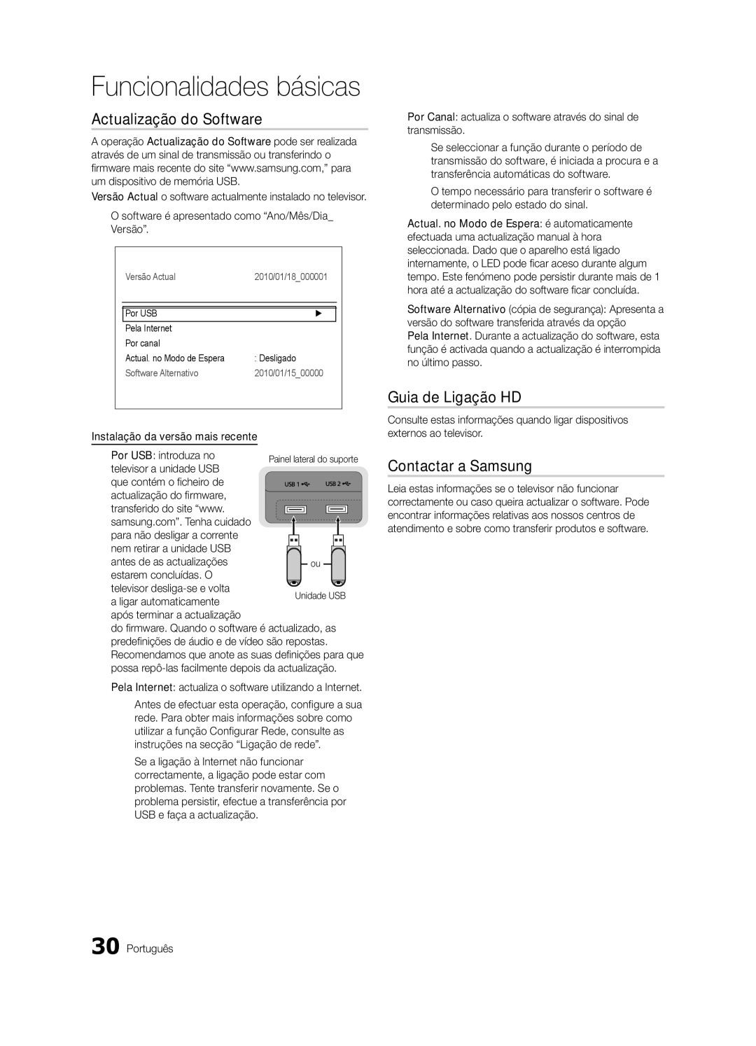 Samsung UE46C9000SWXXH, UE55C9000ZWXXC, UE46C9000ZWXXN Actualização do Software, Guia de Ligação HD, Contactar a Samsung 