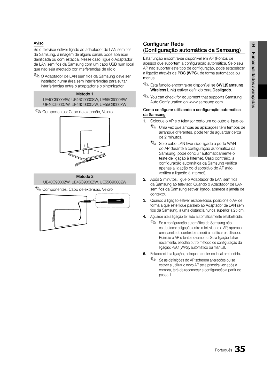 Samsung UE46C9000ZWXXH, UE55C9000ZWXXC, UE46C9000ZWXXN manual Configurar Rede Configuração automática da Samsung, Aviso 