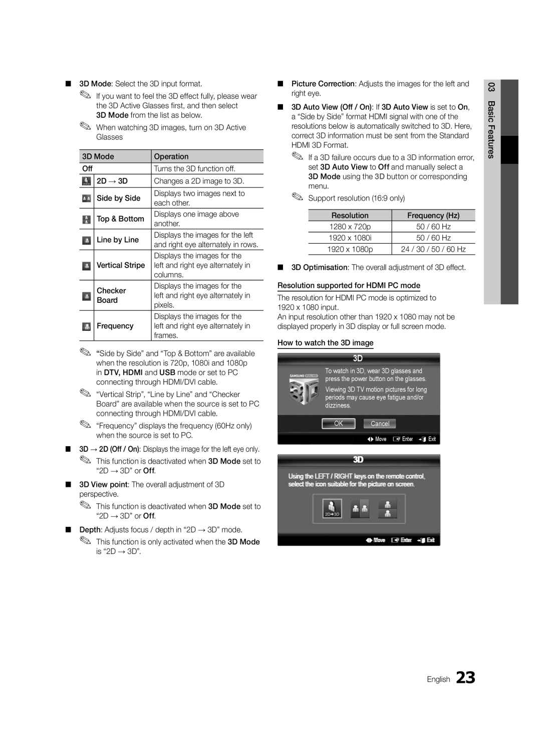 Samsung UE55C9000SWXXN manual 3D Mode Select the 3D input format, Displays the images for, 60 Hz, How to watch the 3D image 